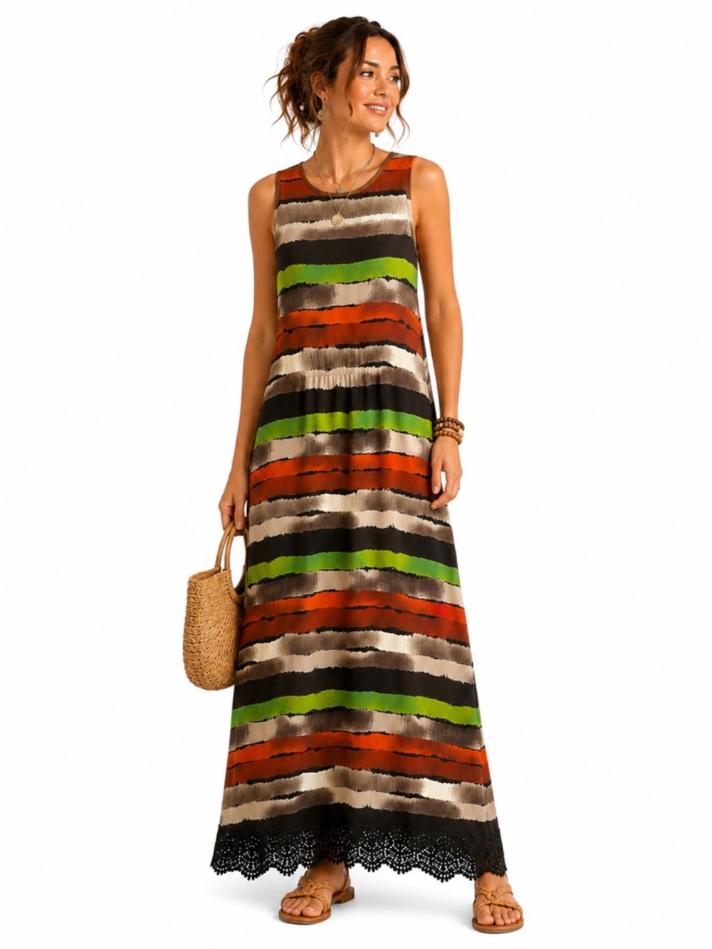 Kersh Striped Maxi Dress Orange Green Black Sleeveless Lace Hem Size Small